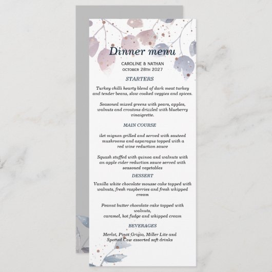 Invitation Elégante verdure Menu Mariage simple (Devant / Derrière)