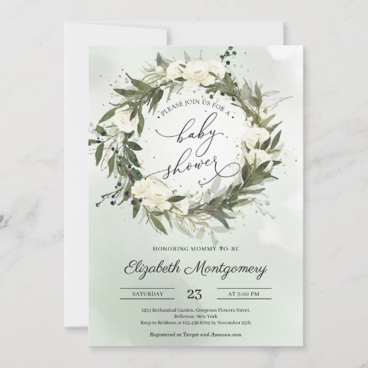 Invitation Élégante verdure Olive Wreath White Roses Baby (Devant)