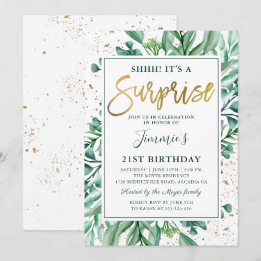 Invitation Elégante verdure Parties scintillant or Surprise A (Devant / Derrière)