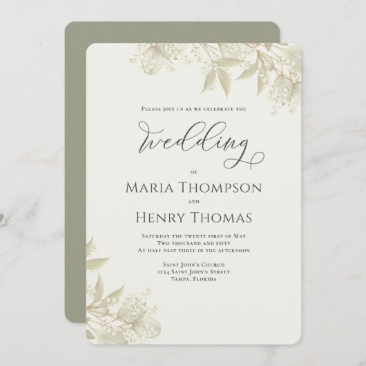 Invitation Élégante Verdure Sage Vert Floral Foliage Simple (Devant / Derrière)