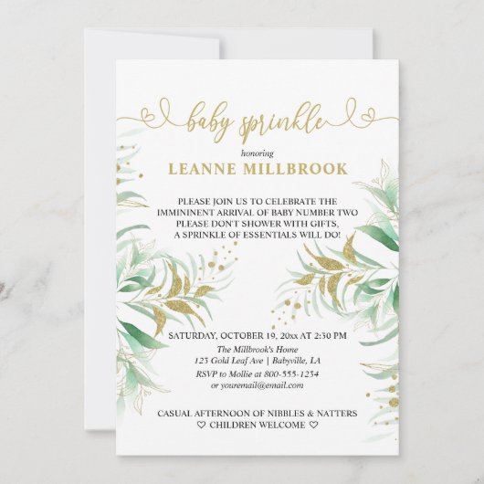 Invitation Élégante verdure Verdure et dorée Bébé Parsemer (Devant)