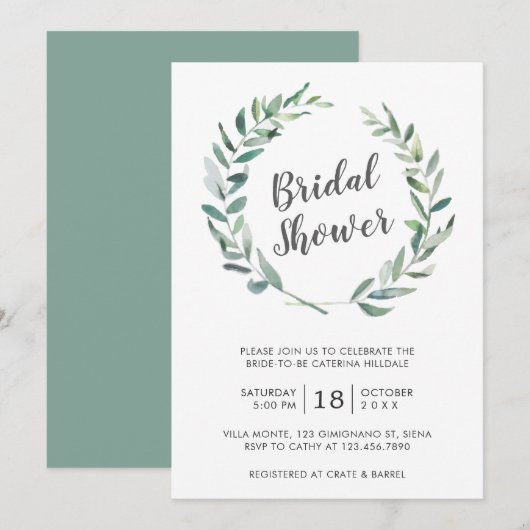 Invitation Elégante verdure Wreath Fête des mariées rustique (Devant / Derrière)