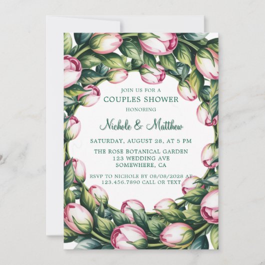 Invitation Elégante verdure Wreath Rose Bud Couples douche (Devant)