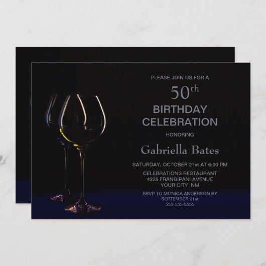 Invitation Élégante Verre à Vins 50e fête d'anniversaire (Devant / Derrière)