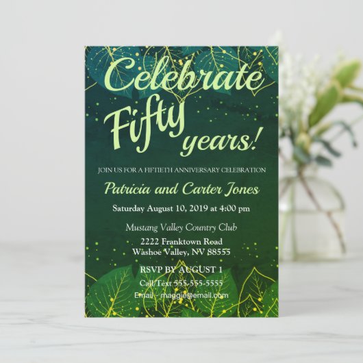 Invitation élégante verte et dorée pour 50e annive (Debout devant)