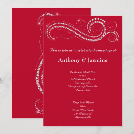 INVITATION ÉLÉGANTE VIBRANTE ROUGE DIAMOND SWIRL MARIAGE (Devant / Derrière)
