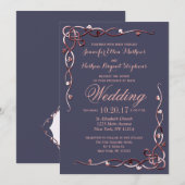 Invitation Élégante vigne dorée Rose sur bleu marine (Devant / Derrière)