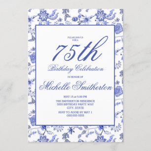 Invitation Elégante Vintage bleu floral 75e anniversaire femm
