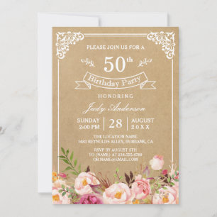 Invitation Elégante Vintage Rustique Floral Kraft fête d'anni