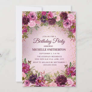 Invitation Elégante Vintage violet rose Floral Roses Parties