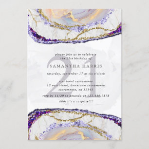 Invitation Élégante Violet Et Marbre D'Or 21ème Anniversaire 