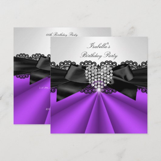 Invitation Elégante violet noir noir Diamant Blanc fête d'ann (Devant / Derrière)