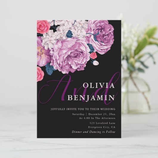 Invitation Élégante violet Rose calligraphie Mariage noir (Debout devant)