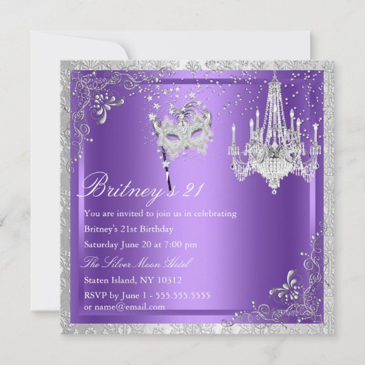 Invitation élégante violette et argent pour un 21e (Devant)