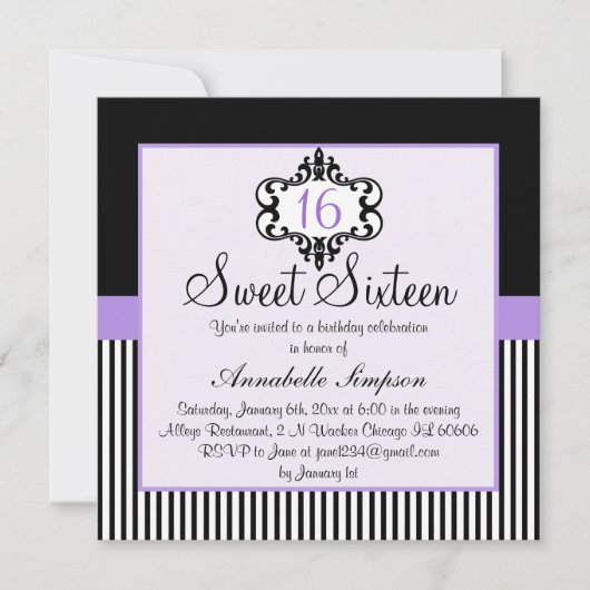 Invitation élégante violette et noire pour un Swee (Devant)