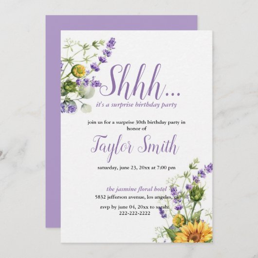 Invitation élégante violette pour une fête surpris (Devant / Derrière)