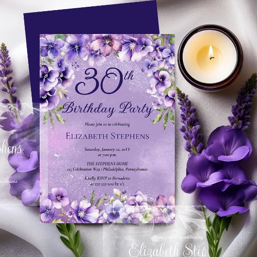 Invitation Élégante Violette violette Florale 30e fête d'anni