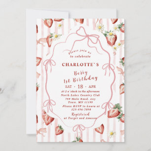 Invitation Elégante Watercolor Fille fraise 1er anniversaire