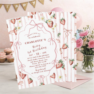 Invitation Elégante Watercolor Fille fraise 1er anniversaire