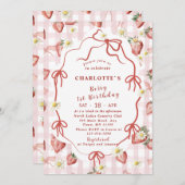 Invitation Elégante Watercolor Fille fraise 1er anniversaire (Devant / Derrière)