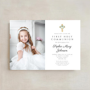 Invitation Élégante White Floral Girl First Communion Photo
