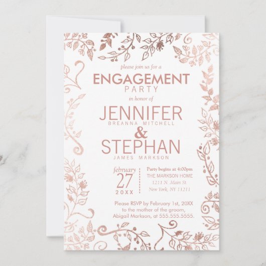 Invitation Elégante White Rose Gold Floral Engagement Party (Devant)