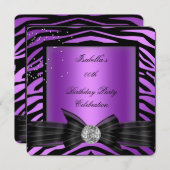 Invitation Elégante Zebra Purple Diamond Bow fête d'anniversa (Devant / Derrière)