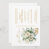 Invitation Élégantes bagues en or avec roses blanches pour 50 (Devant / Derrière)