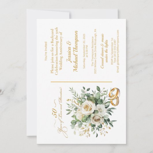 Invitation Élégantes bagues en or avec roses blanches pour le (Devant)