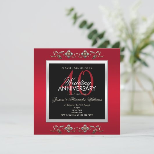 Invitation Elegantes Bijoux Rubis 40e Anniversaire de Mariage (Debout devant)