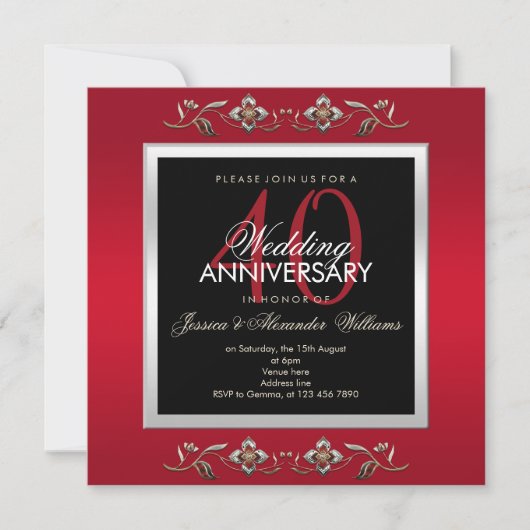 Invitation Elegantes Bijoux Rubis 40e Anniversaire de Mariage (Devant)
