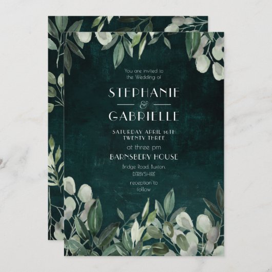 Invitation Élégantes botaniques de feuilles à l'aquarelle ver (Devant / Derrière)