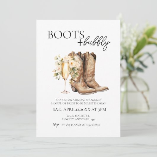 Invitation Élégantes Bottes et Bubbly Bridal Shower Invitatio (Debout devant)
