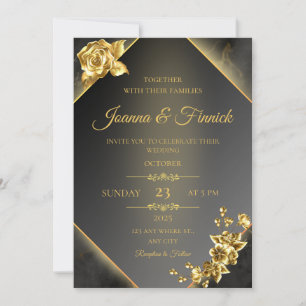 Invitation Elégantes boucles d'or sur noir - Recep Mariage bu