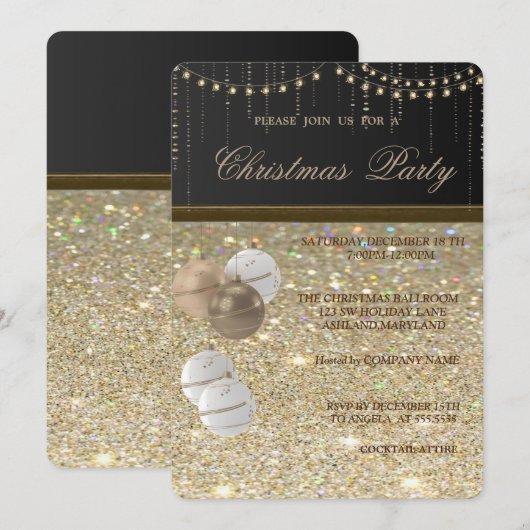 Invitation Élégantes boules de Noël, Glitterie,, Fête de Noël (Devant / Derrière)
