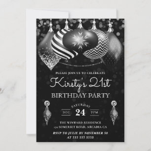 Invitation Élégantes boules de Noël noir et blanc pour un ann