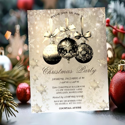 Invitation Élégantes boules de Noël Snowflakes Gold