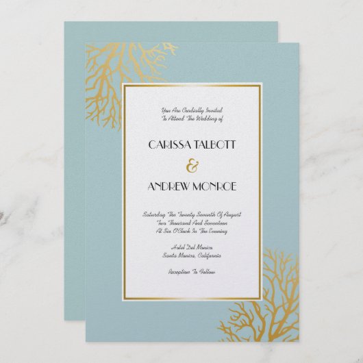 Invitation Élégantes Branches de corail doré sur Seafoam (Devant / Derrière)