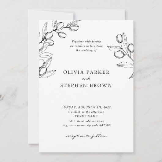 Invitation Élégantes branches d'olivier. Mariage noir simple (Devant)