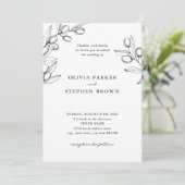 Invitation Élégantes branches d'olivier. Mariage noir simple (Debout devant)