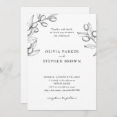 Invitation Élégantes branches d'olivier. Mariage noir simple (Devant / Derrière)
