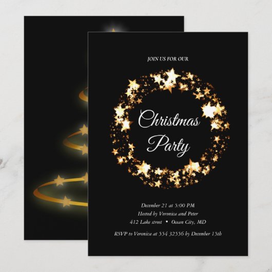 Invitation Élégantes étoiles à paillettes noires (Devant / Derrière)