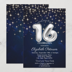 Invitation Élégantes étoiles argentées bleu marine Sweet 16