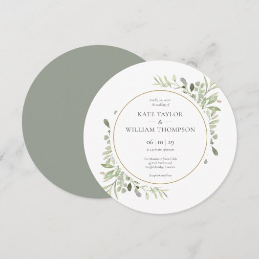 Invitation Élégantes feuilles de verdure mariage circulaire (Devant / Derrière)
