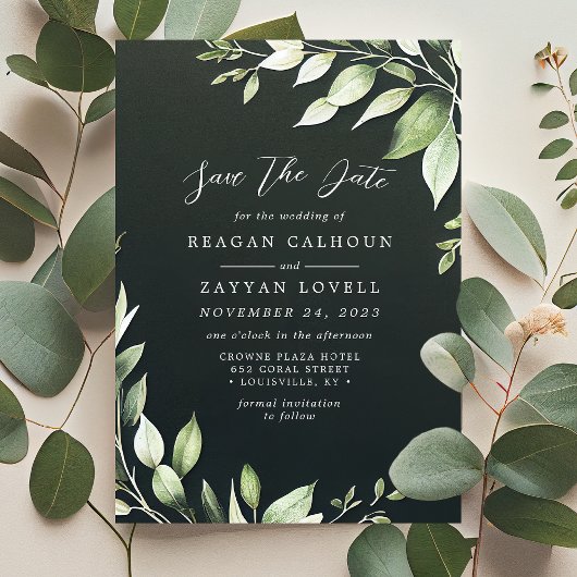 Invitation Élégantes Feuilles de Verdure Vert Foncé Save The