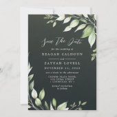 Invitation Élégantes Feuilles de Verdure Vert Foncé Save The (Devant)