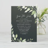 Invitation Élégantes Feuilles de Verdure Vert Foncé Save The (Debout devant)