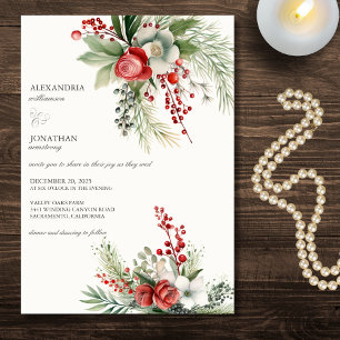 Invitation Élégantes Fleurs, Baies et Pins de Mariage d'Hiver