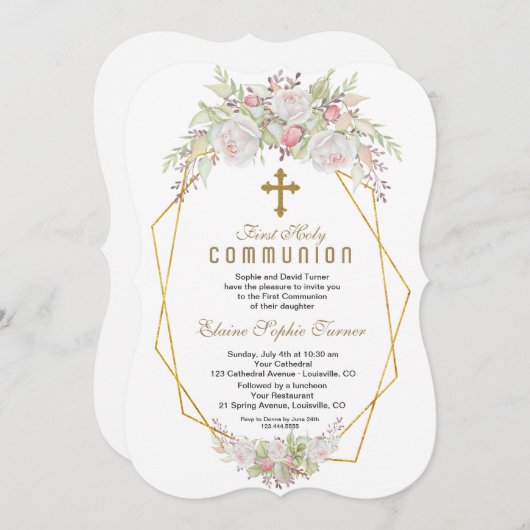 Invitation Élégantes Fleurs blanches Or Première Sainte Commu (Devant / Derrière)