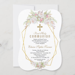 Invitation Élégantes Fleurs blanches Or Première Sainte Commu